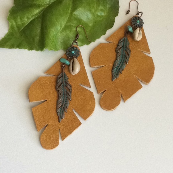 Genuine Leather Tan Leaf Earrings - Picture 6 of 7